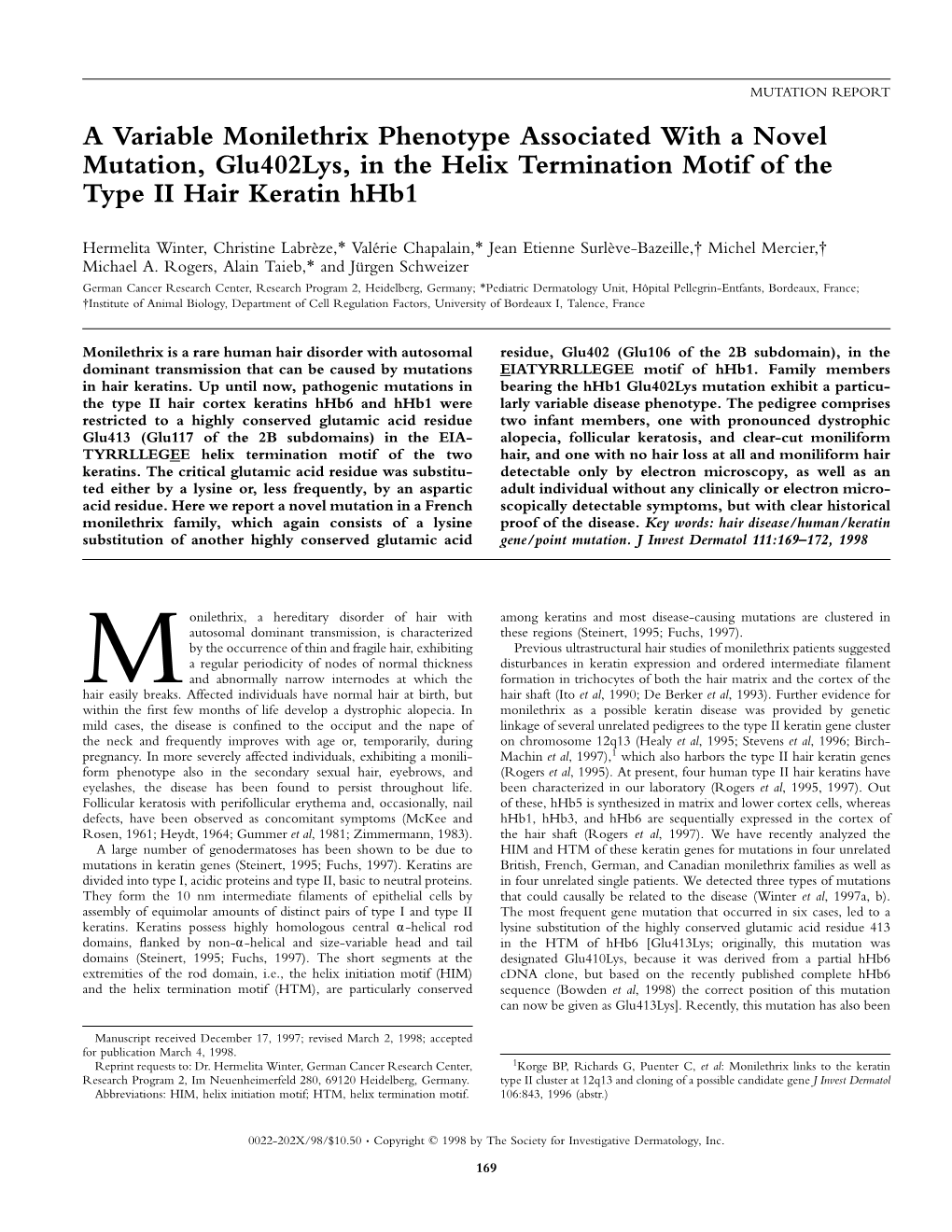 A Variable Monilethrix Phenotype Associated with a Novel Mutation, Glu402lys, in the Helix Termination Motif of the Type II Hair Keratin Hhb1