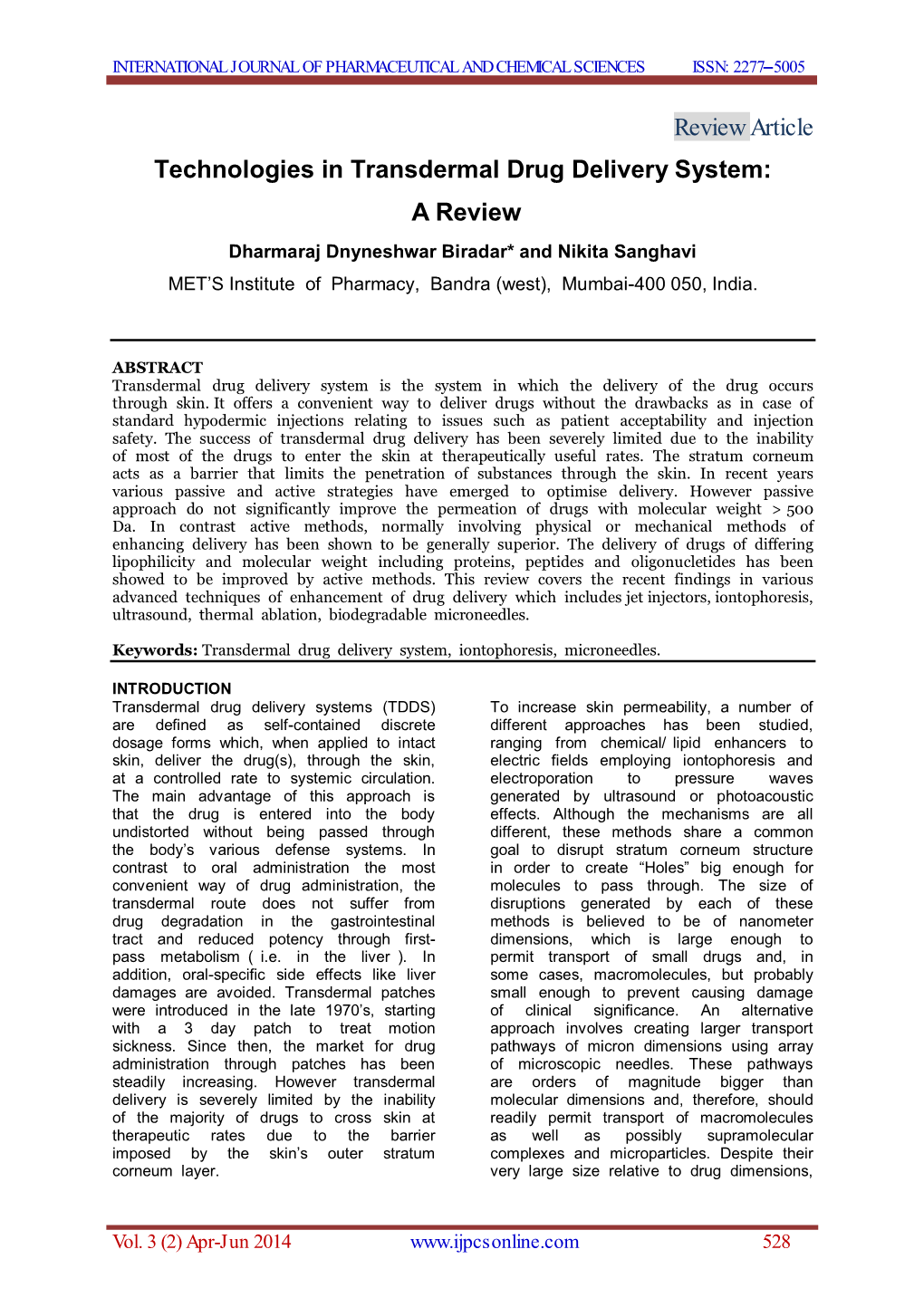 Review Article Technologies in Transdermal Drug