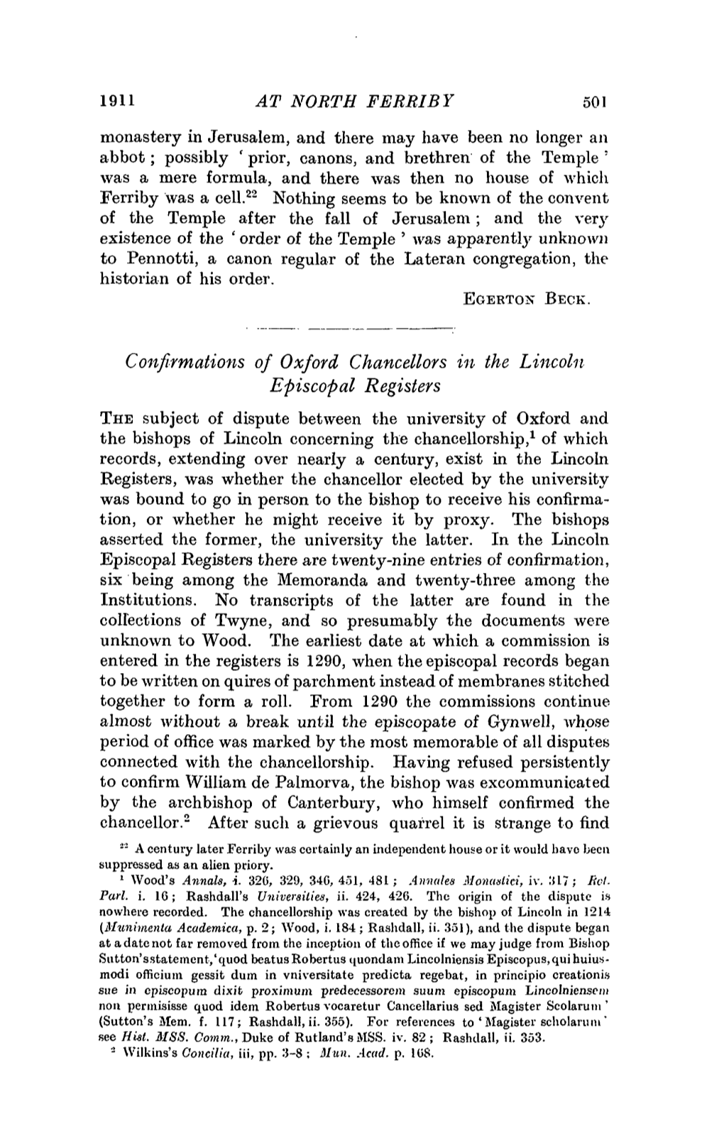 Confirmations of Oxford Chancellors in the Lincoln Episcopal Registers