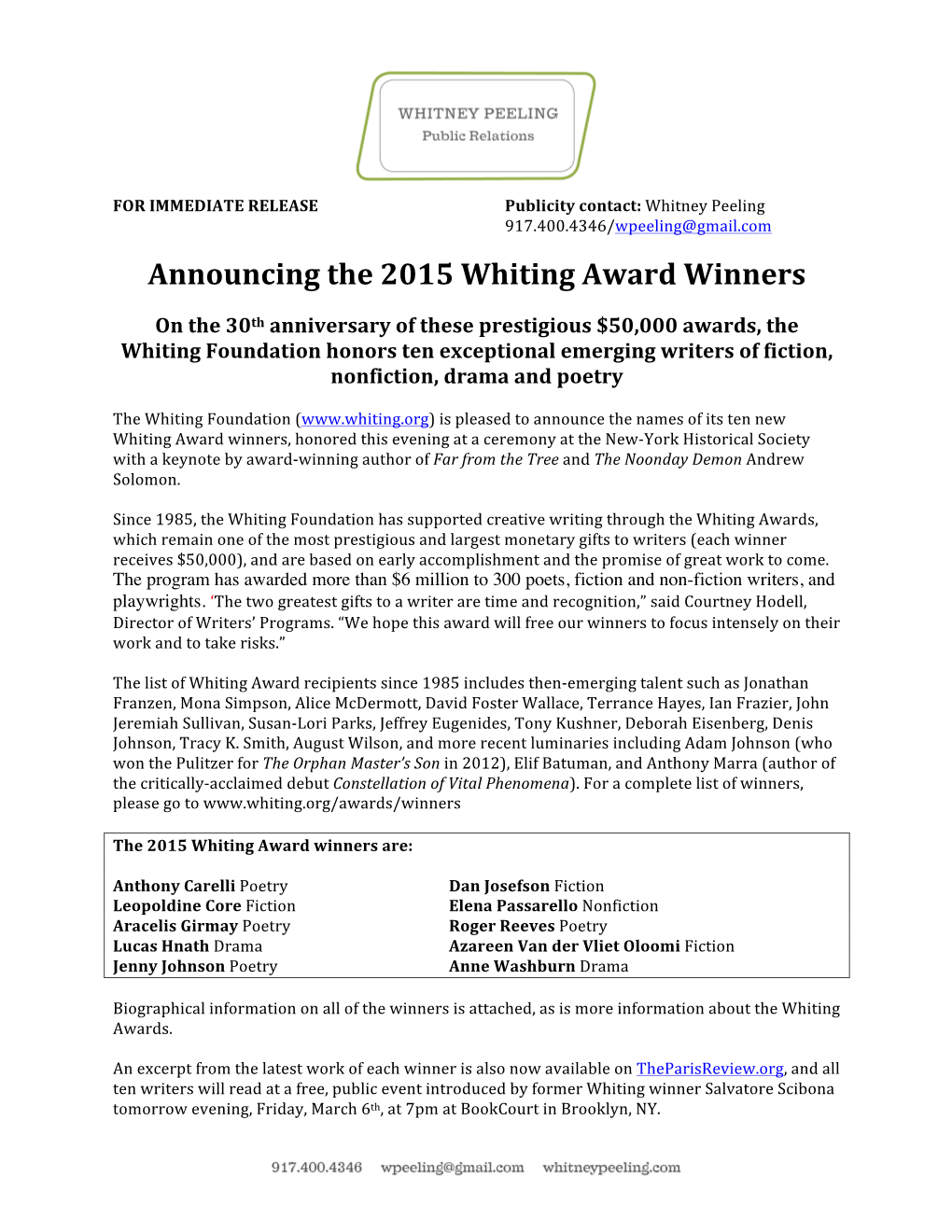 Announcing the 2015 Whiting Award Winners