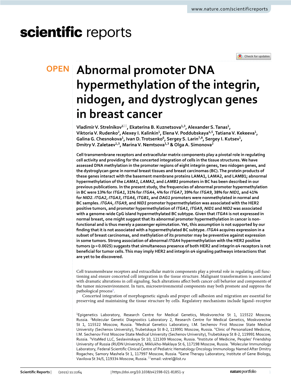 Abnormal Promoter DNA Hypermethylation of the Integrin, Nidogen, and Dystroglycan Genes in Breast Cancer Vladimir V