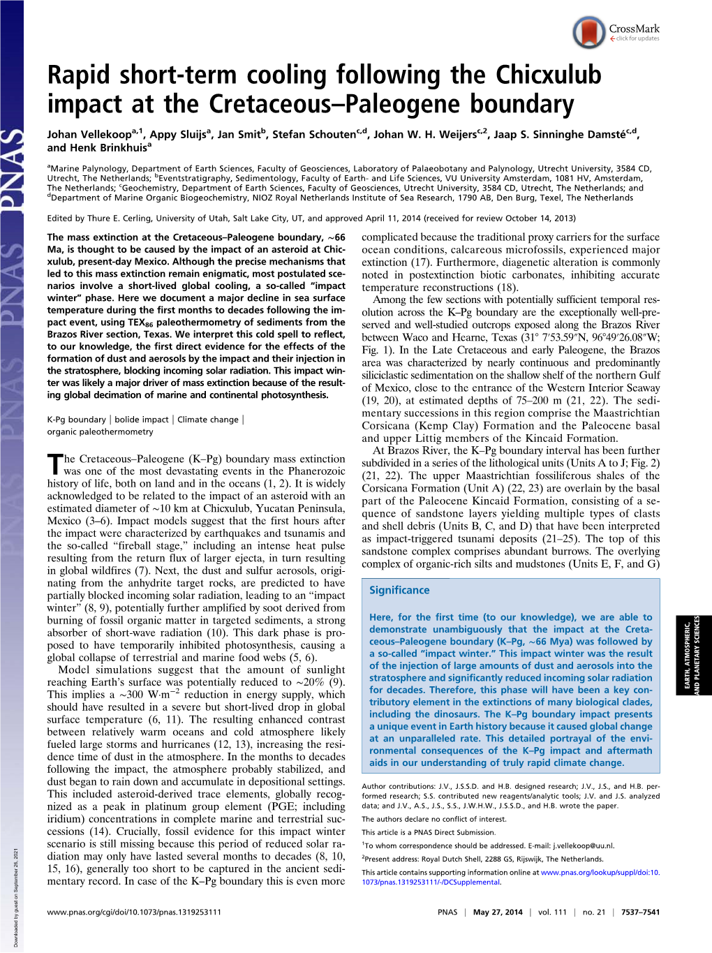 Rapid Short-Term Cooling Following the Chicxulub Impact at the Cretaceous–Paleogene Boundary