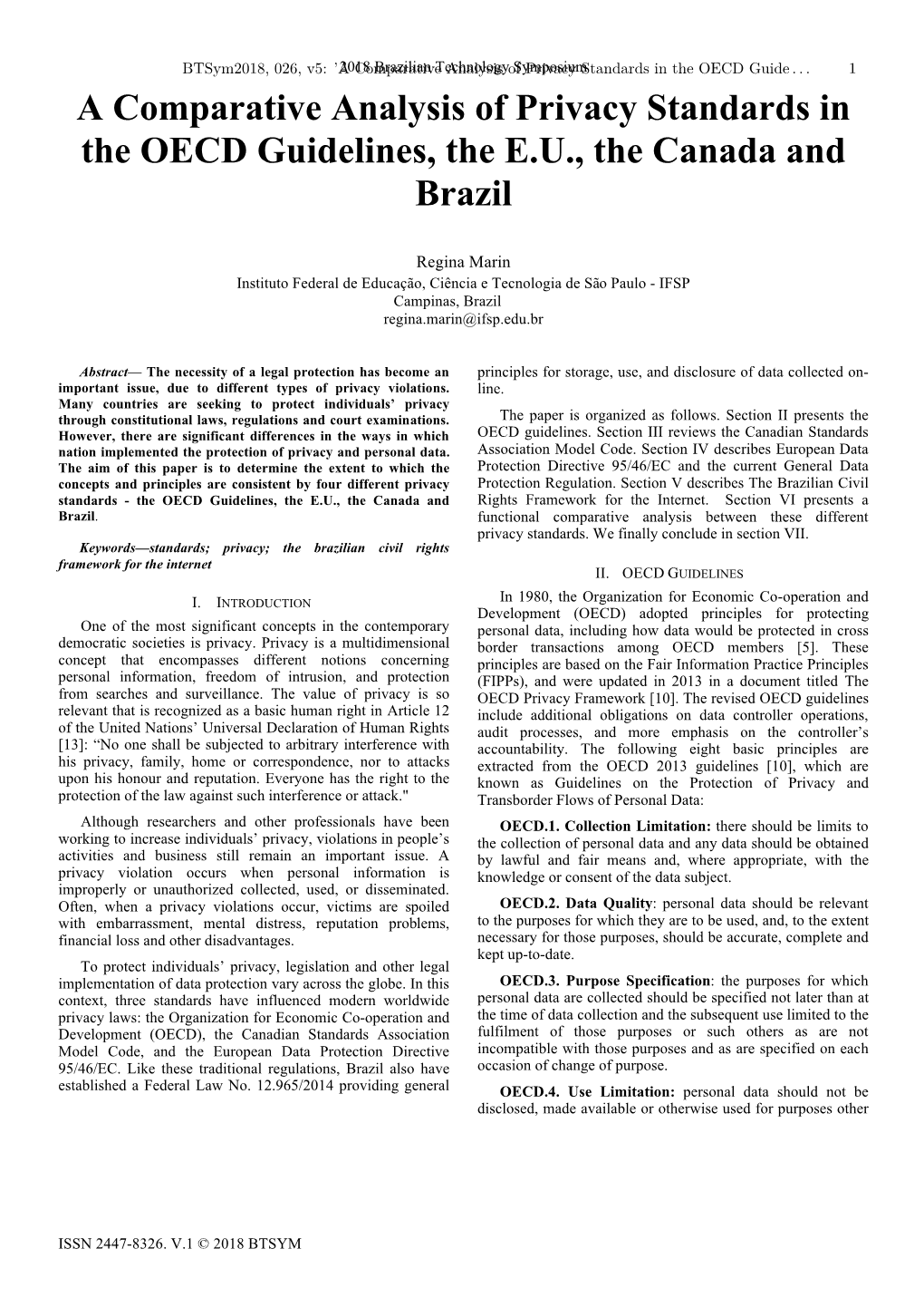 A Comparative Analysis of Privacy Standards in the OECD Guidelines, the E.U., the Canada and Brazil