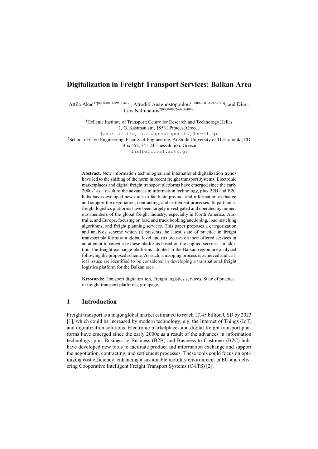 Digitalization in Freight Transport Services: Balkan Area