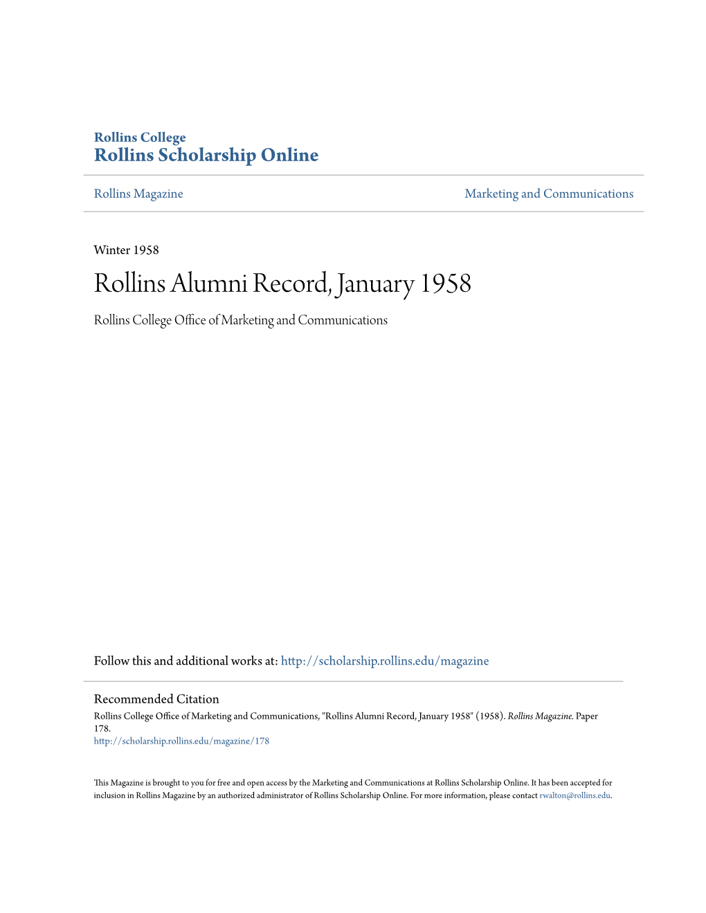 Rollins Alumni Record, January 1958 Rollins College Office Ofa M Rketing and Communications