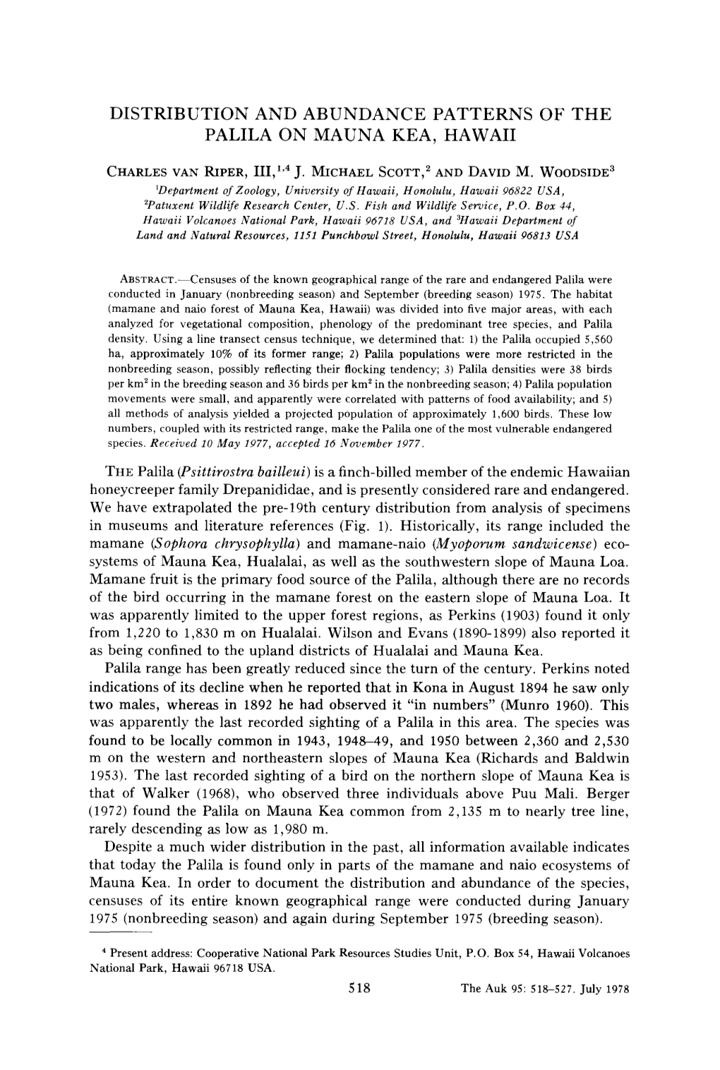 Distribution and Abundance Patterns of the Palila on Mauna Kea, Hawaii