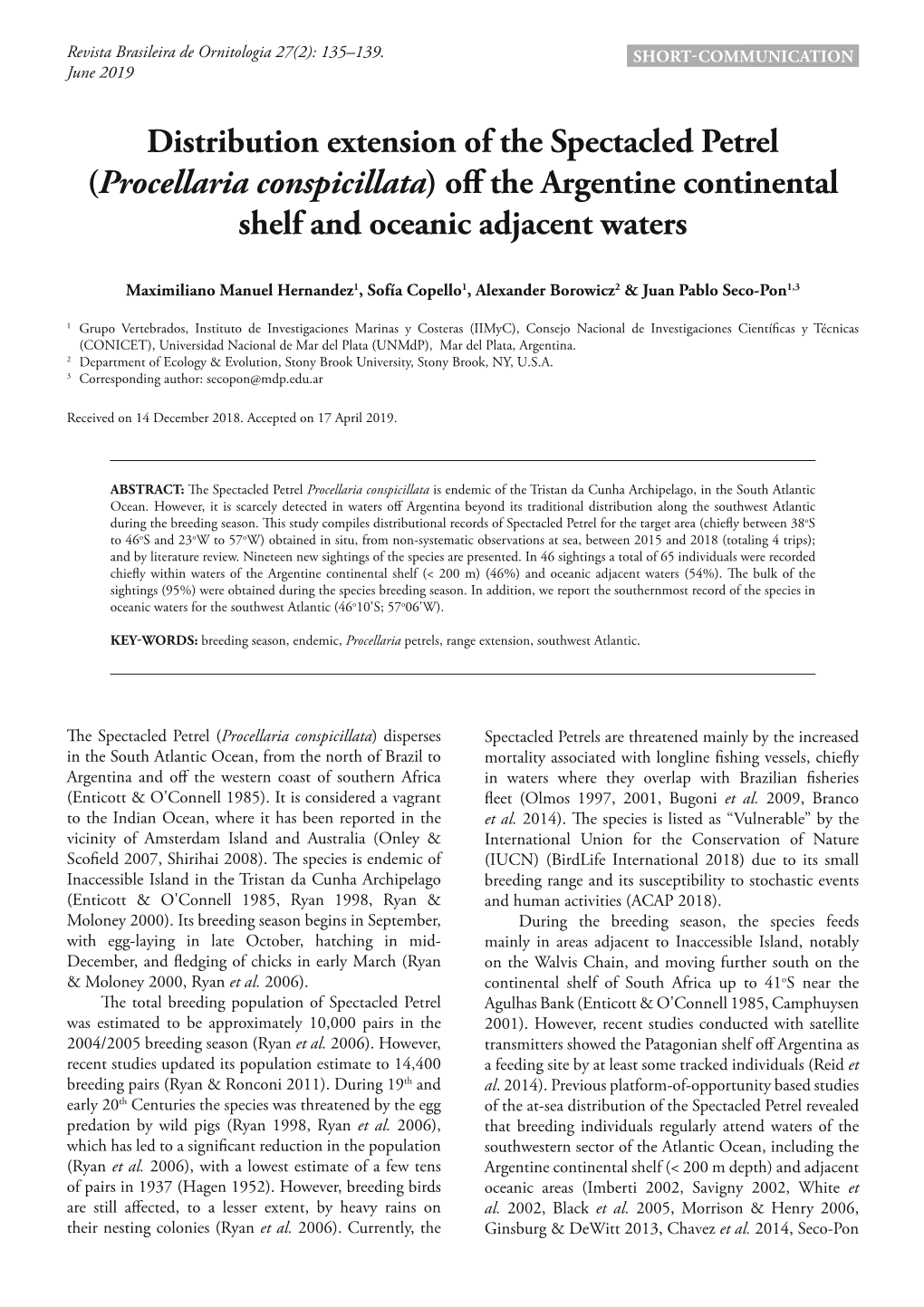 Distribution Extension of the Spectacled Petrel (Procellaria Conspicillata) Off the Argentine Continental Shelf and Oceanic Adjacent Waters