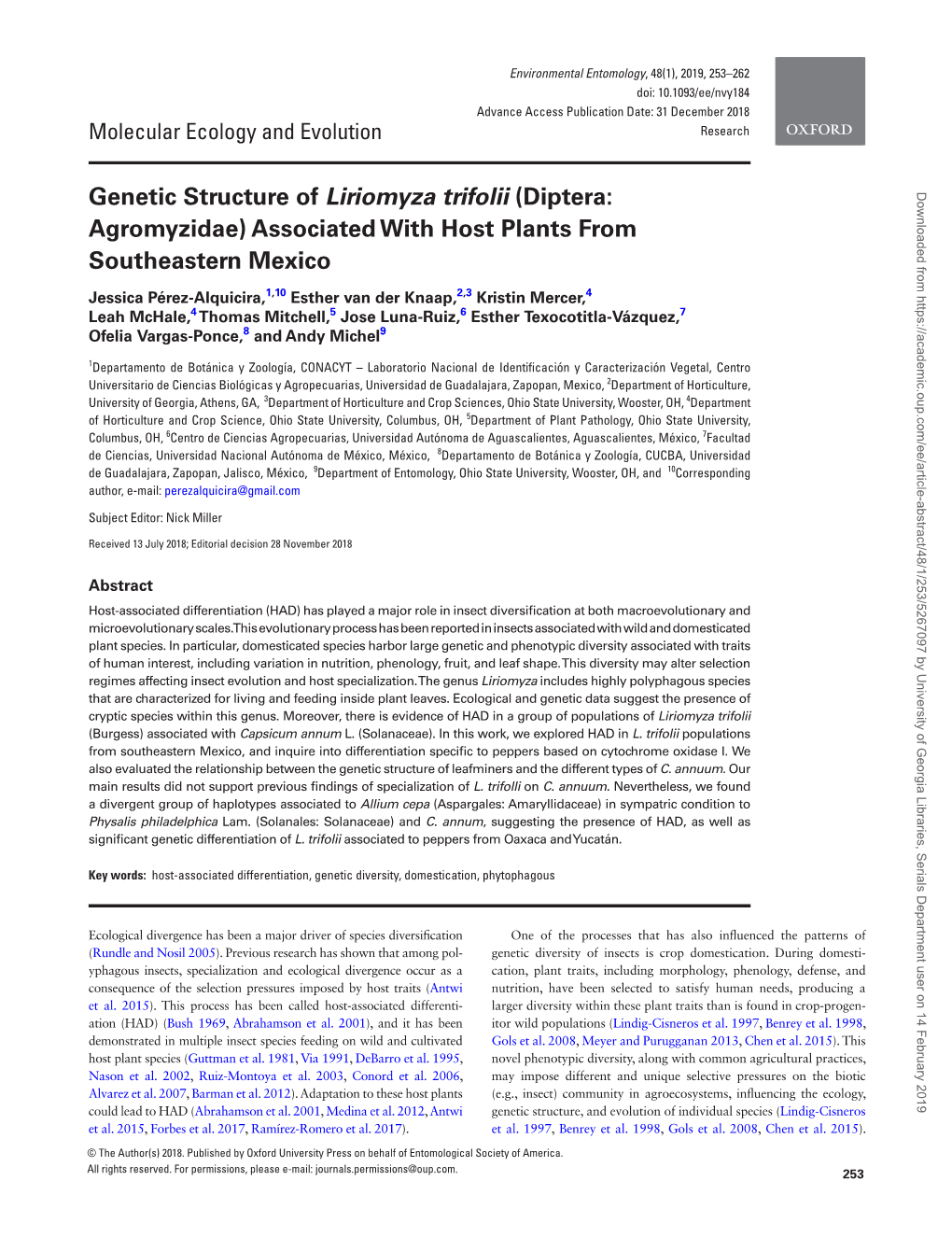 Genetic Structure of Liriomyza Trifolii (Diptera