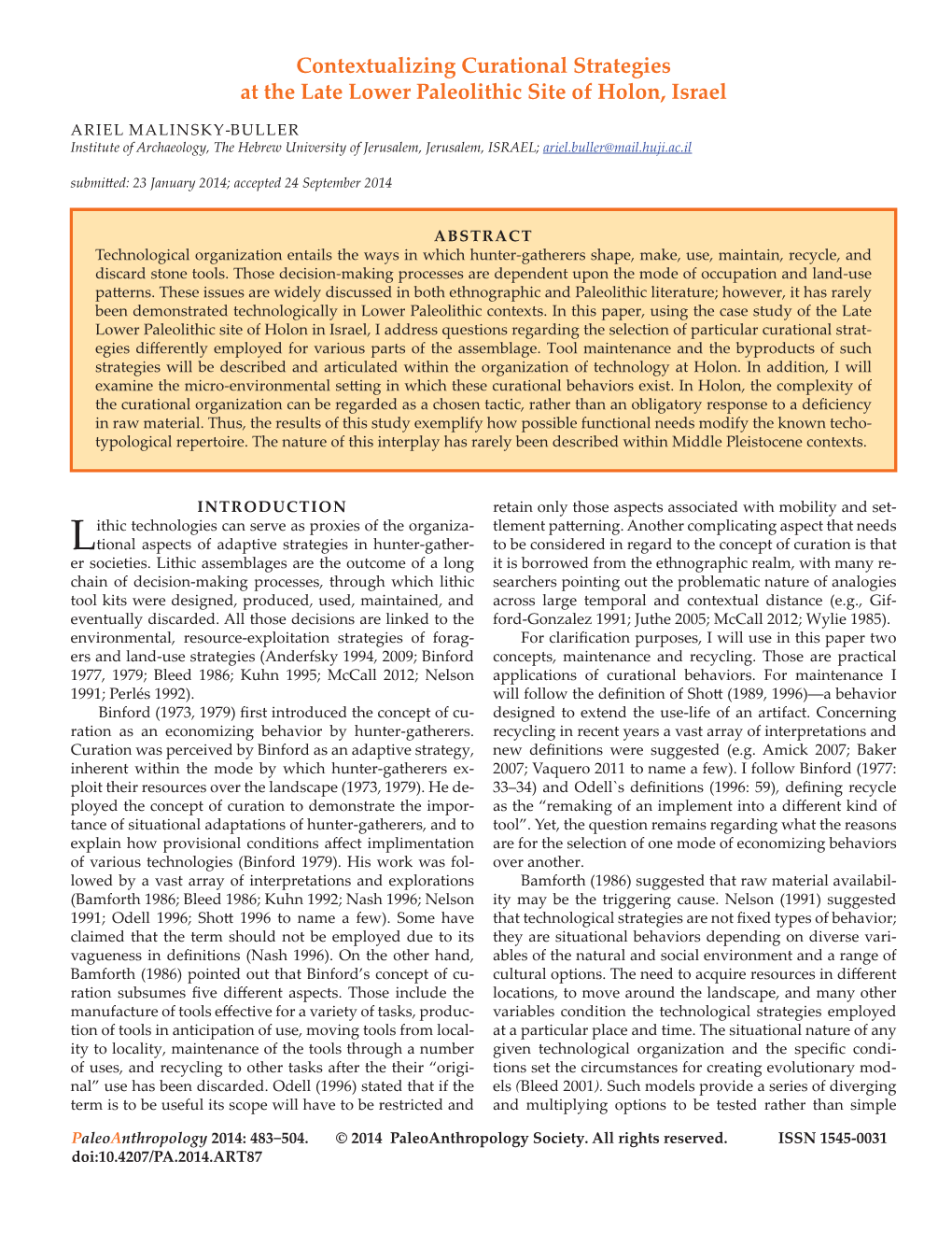 Contextualizing Curational Strategies at the Late Lower Paleolithic Site of Holon, Israel