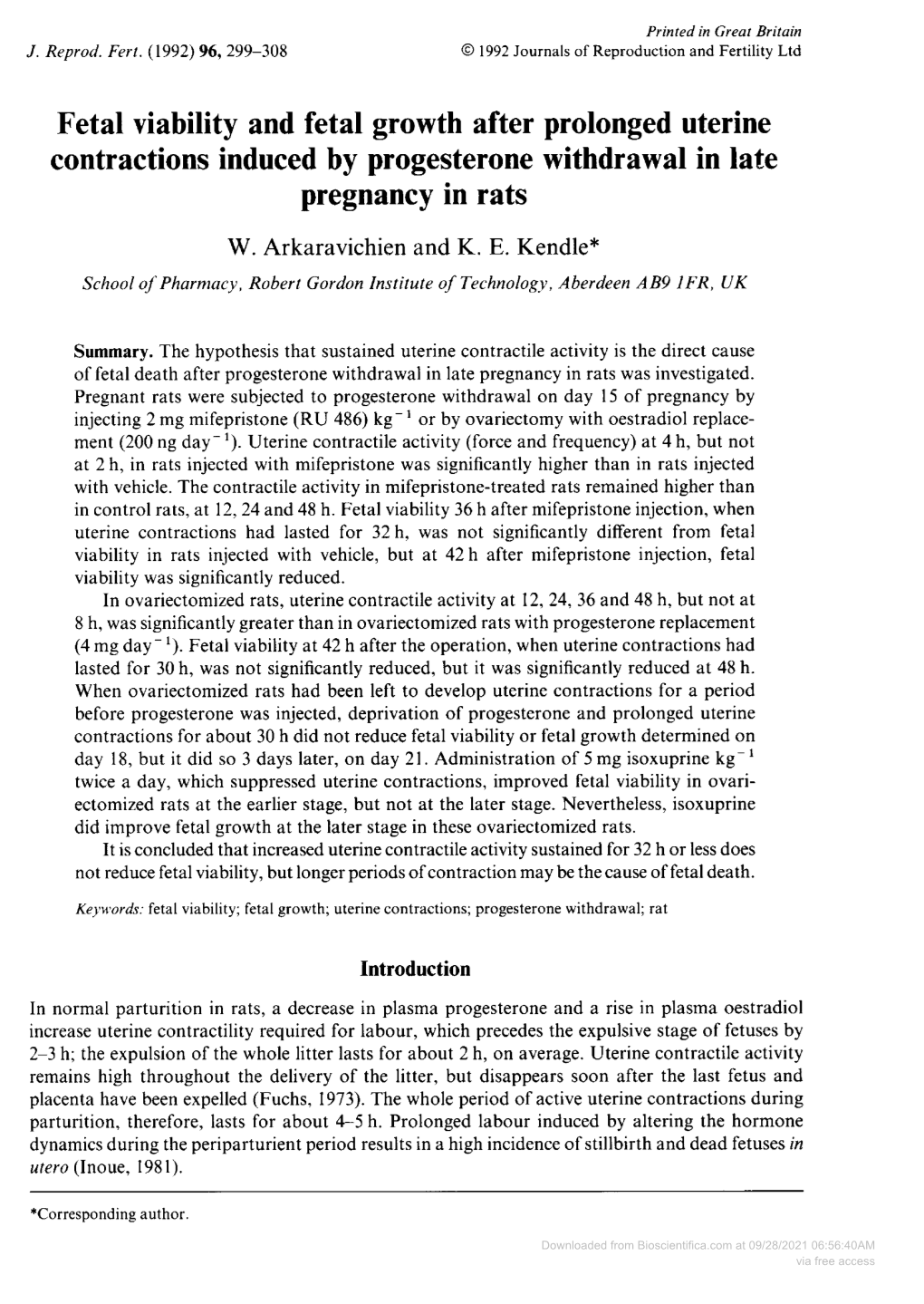 Fetal Viability and Fetal Growth After Prolonged Uterine Contractions Induced by Progesterone Withdrawal in Late Pregnancy in Rats W