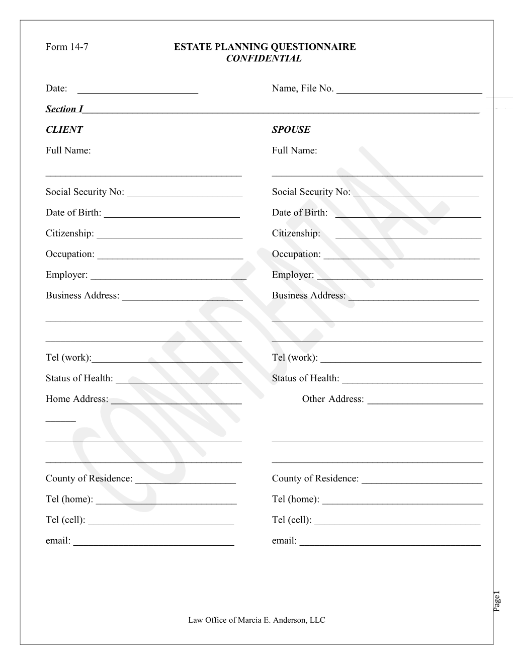 Form 14-7 ESTATE PLANNING QUESTIONNAIRE