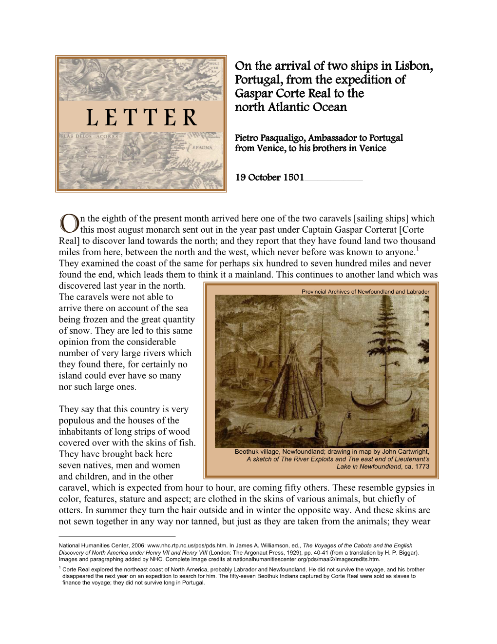 Letter on the Voyage of Gaspar Corte Real