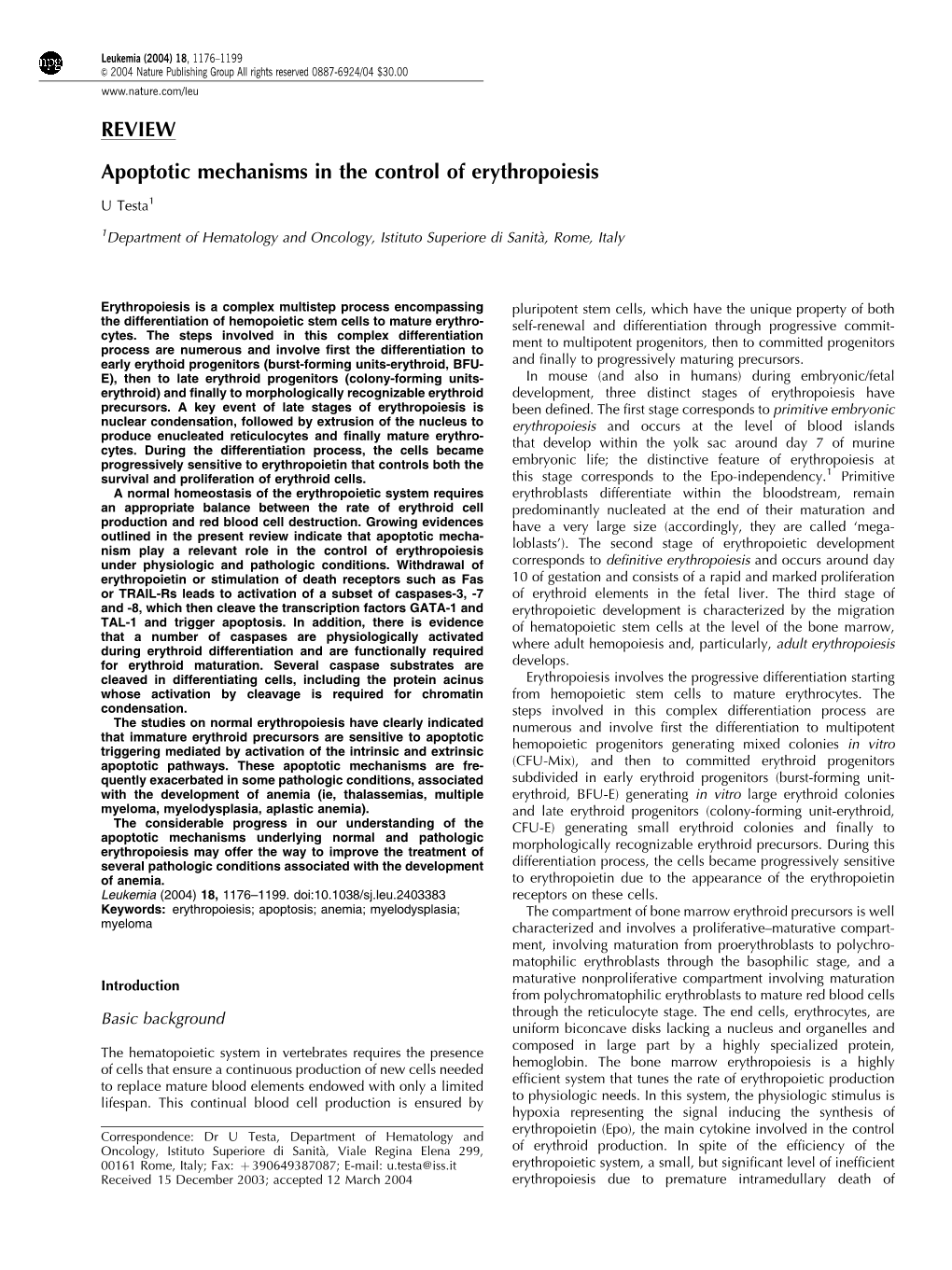 REVIEW Apoptotic Mechanisms in the Control of Erythropoiesis