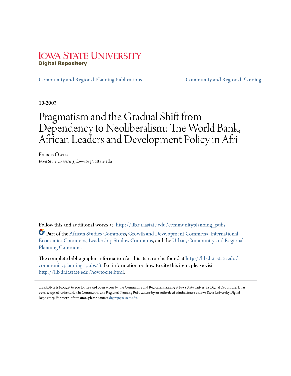 Pragmatism and the Gradual Shift from Dependency to Neoliberalism: the World Bank, African Leaders and Development Policy In