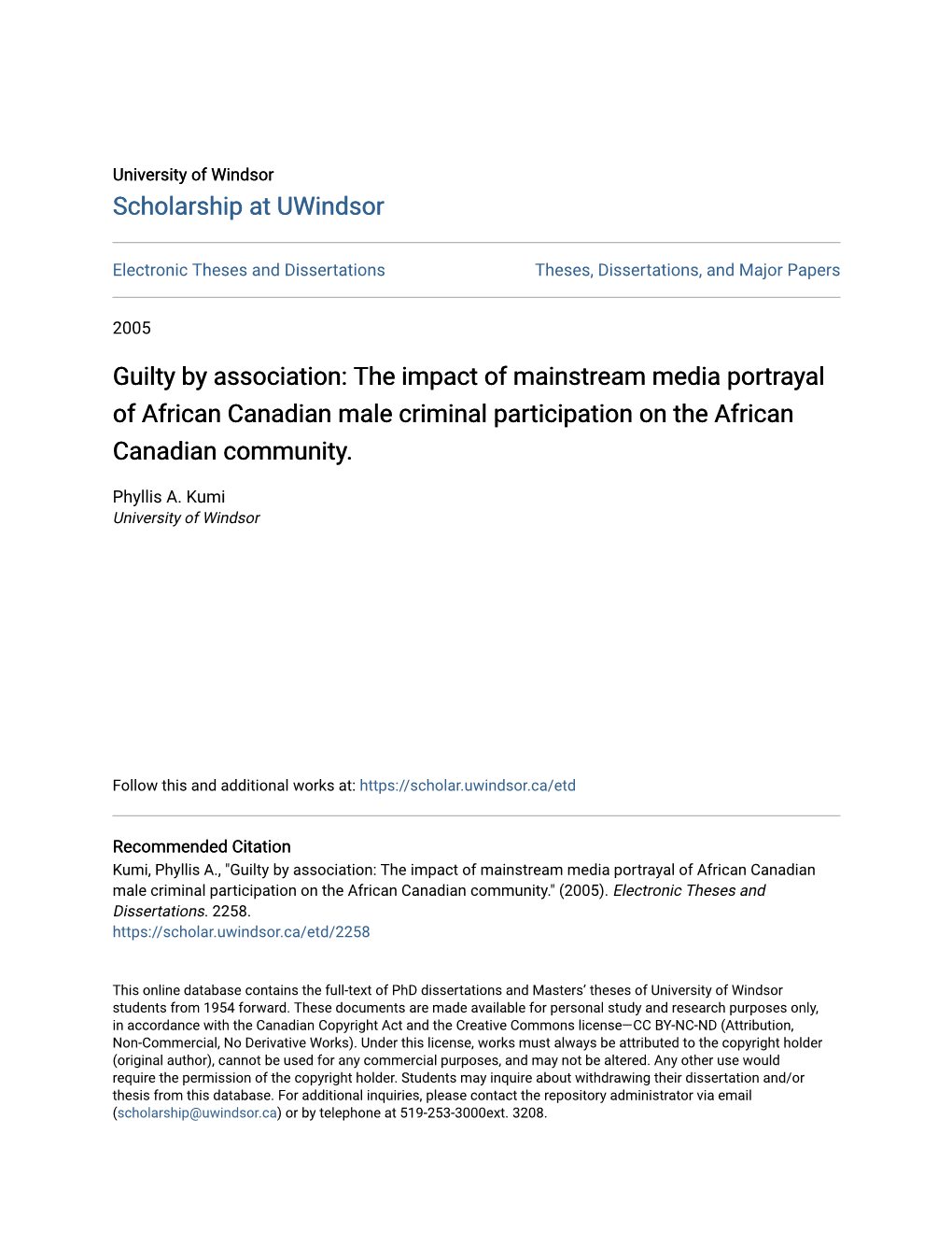 The Impact of Mainstream Media Portrayal of African Canadian Male Criminal Participation on the African Canadian Community