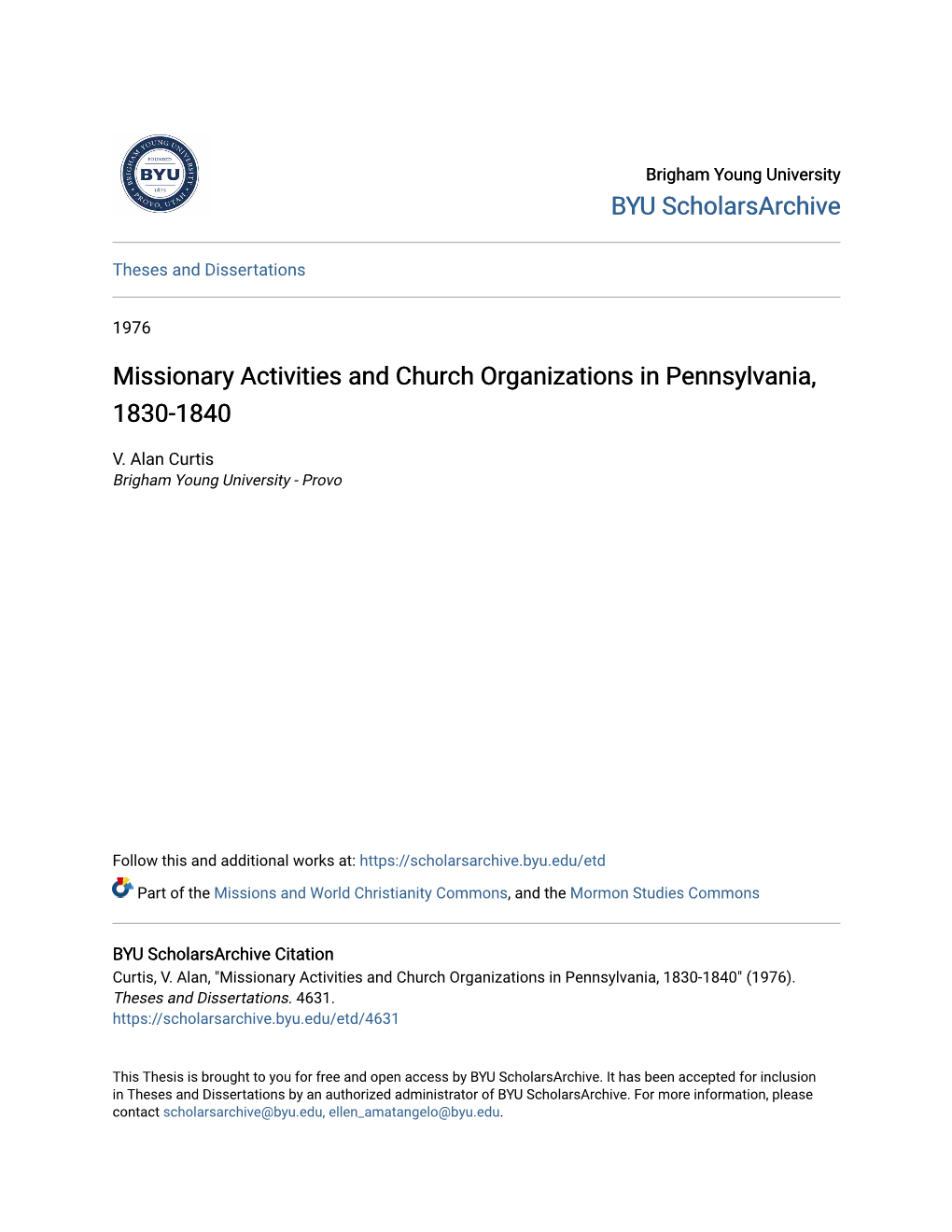 Missionary Activities and Church Organizations in Pennsylvania, 1830-1840