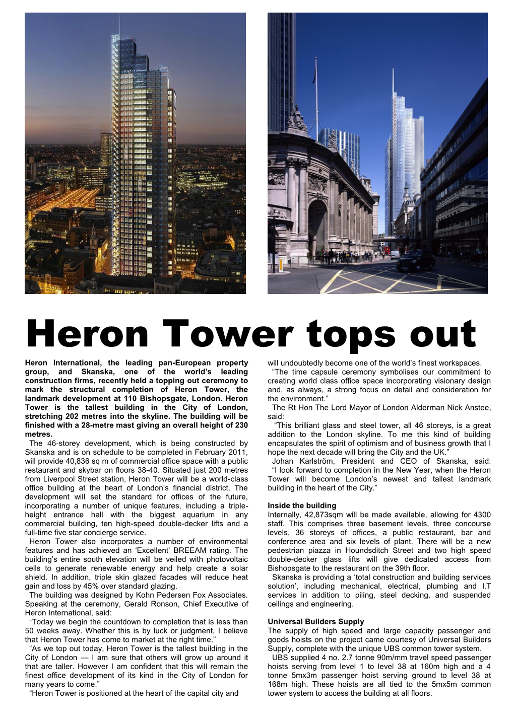 Heron Tower Tops out Heron International, the Leading Pan-European Property Will Undoubtedly Become One of the World‘S Finest Workspaces