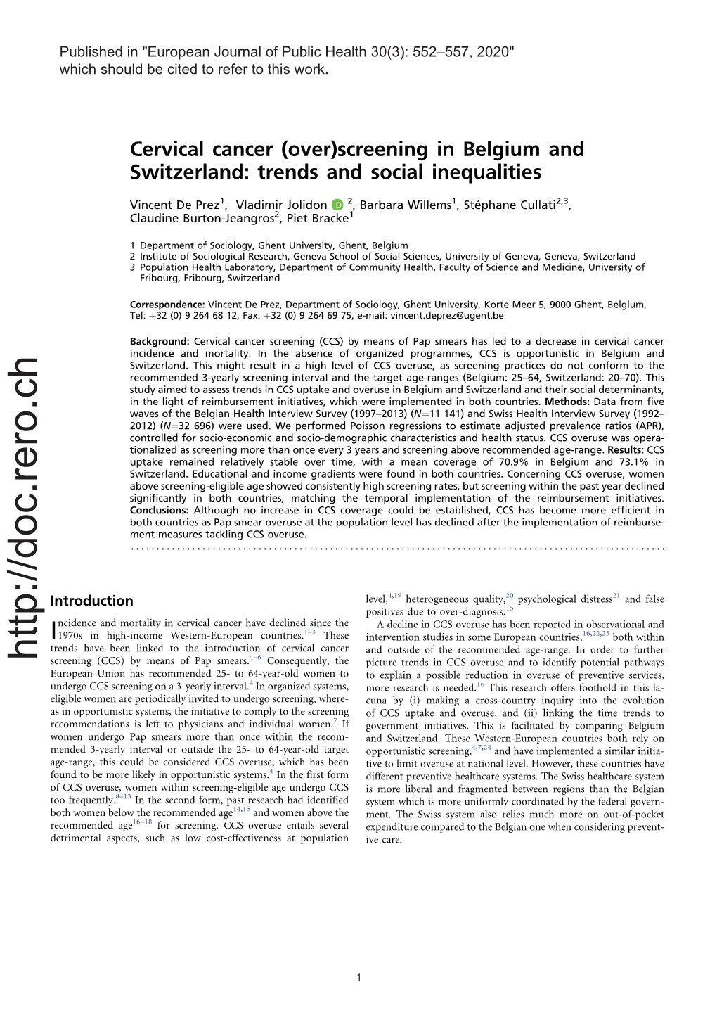 Cervical Cancer (Over)Screening in Belgium and Switzerland: Trends and Social Inequalities