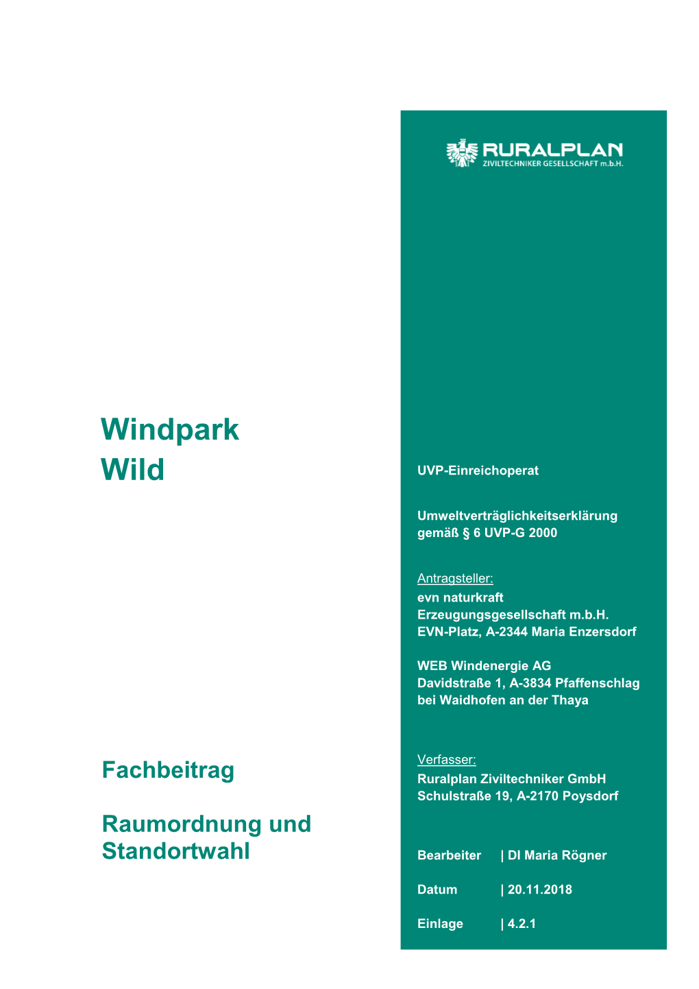 Windpark Wild UVP-Einreichoperat