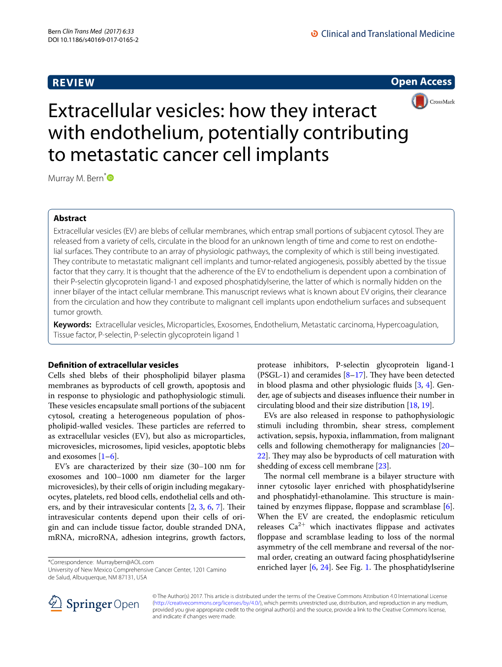 Extracellular Vesicles: How They Interact with Endothelium, Potentially Contributing to Metastatic Cancer Cell Implants Murray M
