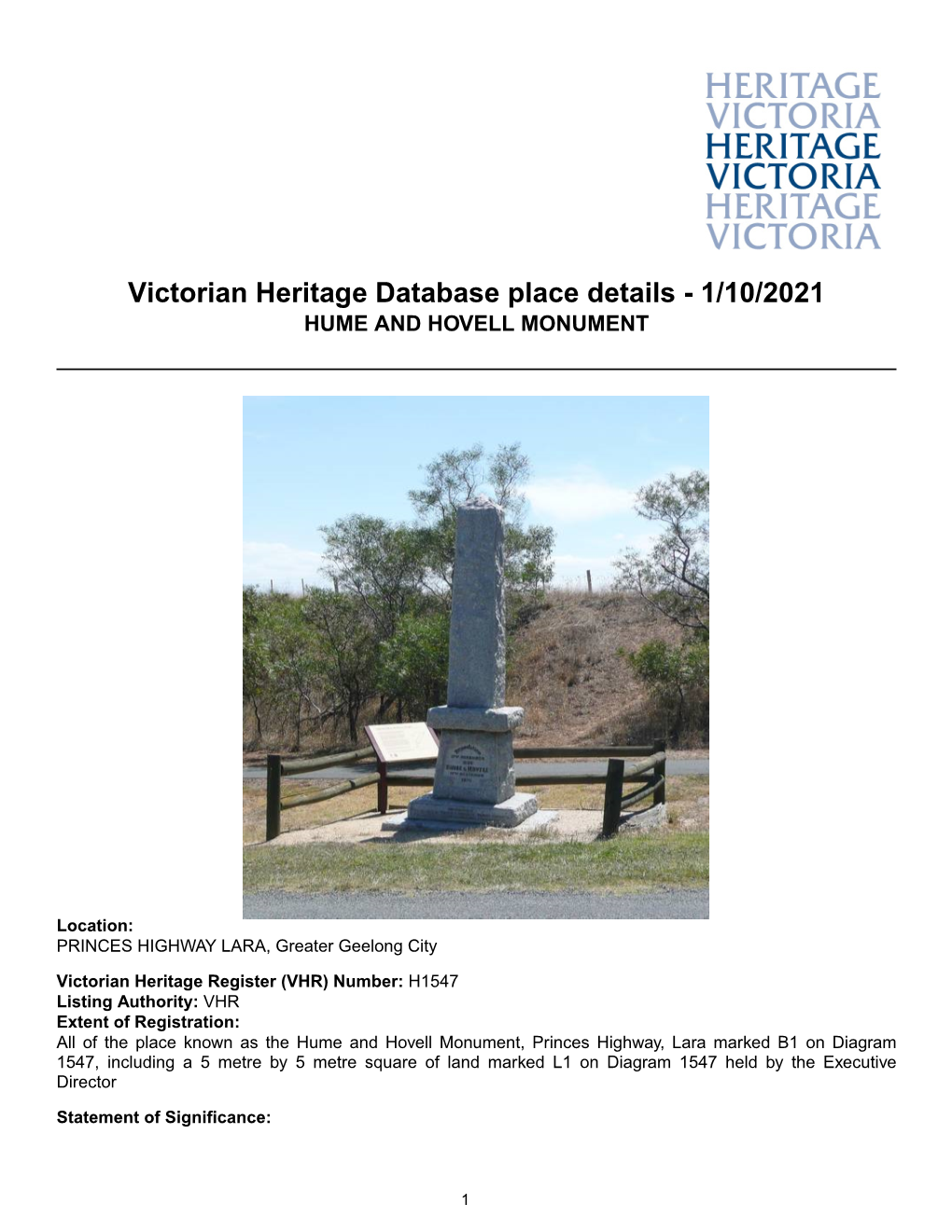 Victorian Heritage Database Place Details - 1/10/2021 HUME and HOVELL MONUMENT