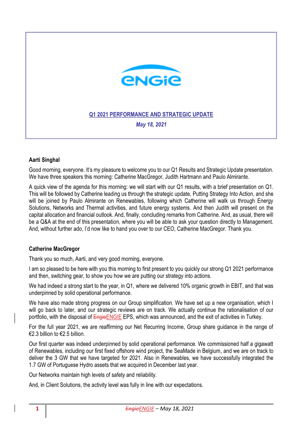 1 Engieengie – May 18, 2021 Q1 2021 PERFORMANCE AND