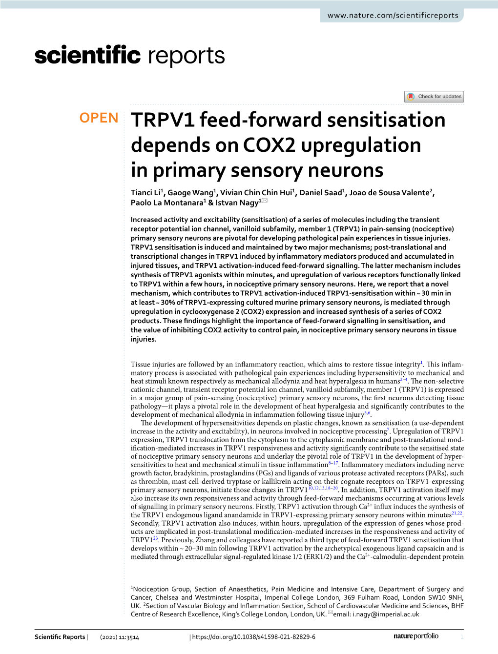 TRPV1 Feed-Forward Sensitisation Depends on COX2 Upregulation In