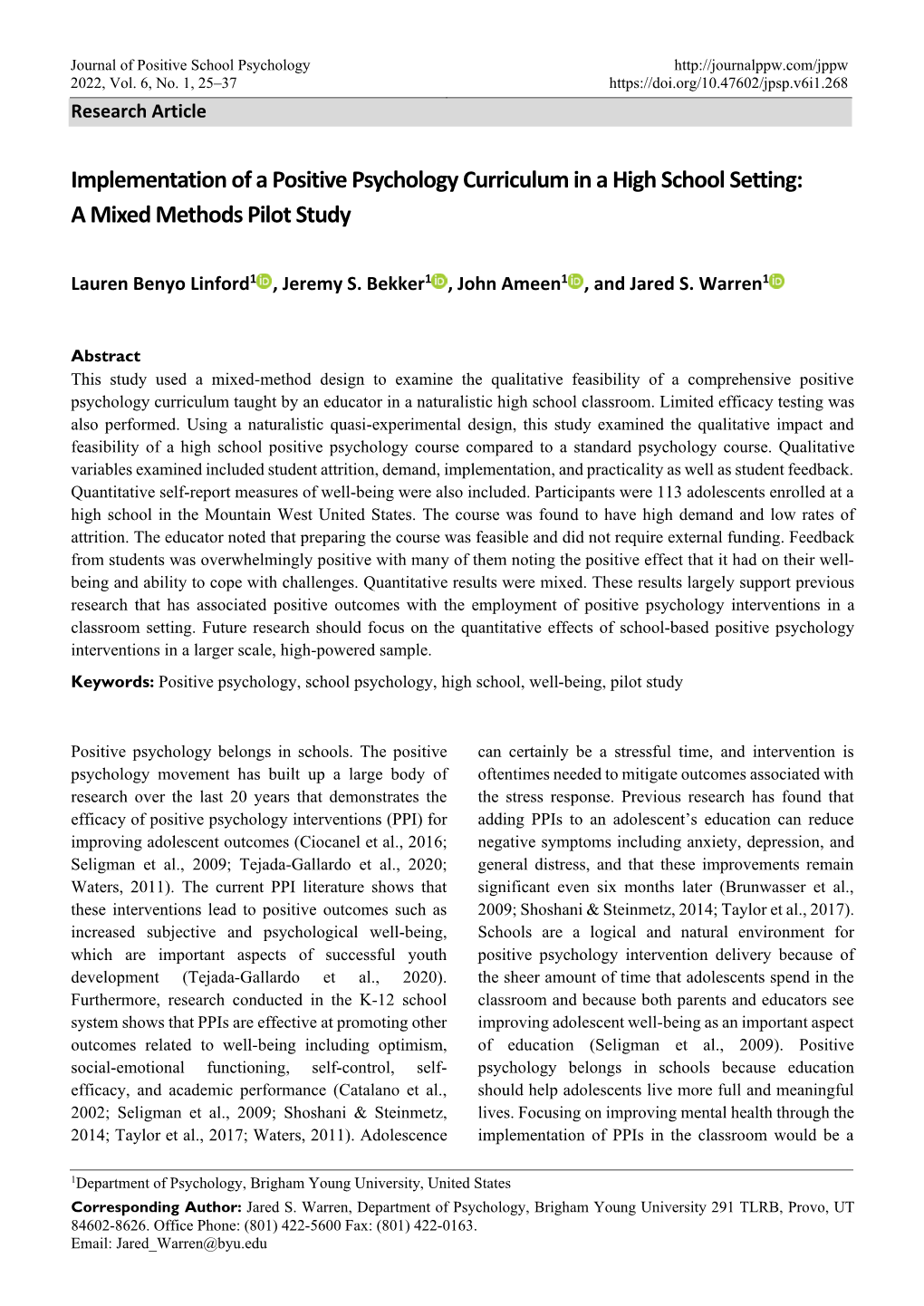 Implementation of a Positive Psychology Curriculum in a High School Setting: a Mixed Methods Pilot Study