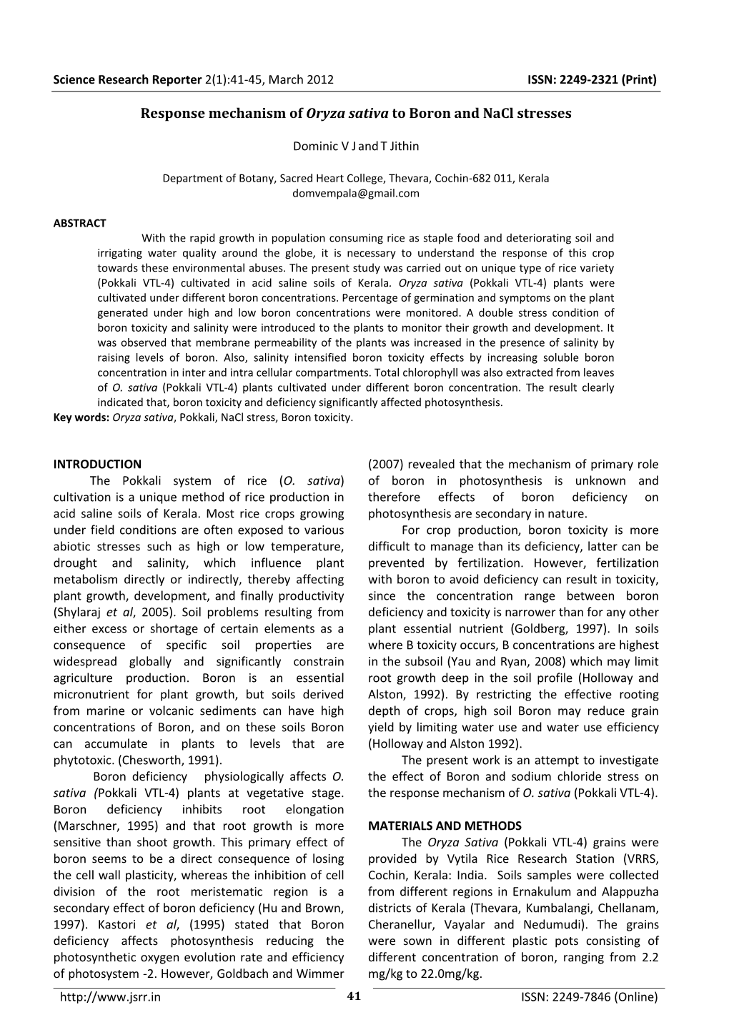 Response Mechanism of Oryza Sativa to Boron and Nacl Stresses