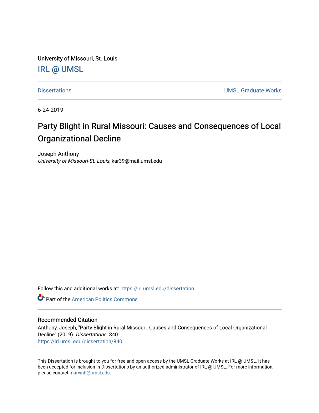 Party Blight in Rural Missouri: Causes and Consequences of Local Organizational Decline