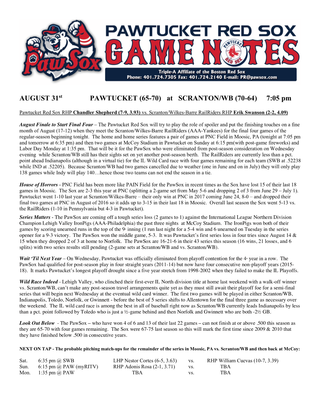 AUGUST 31St PAWTUCKET (65-70) at SCRANTON/WB (70-64) 7:05 Pm