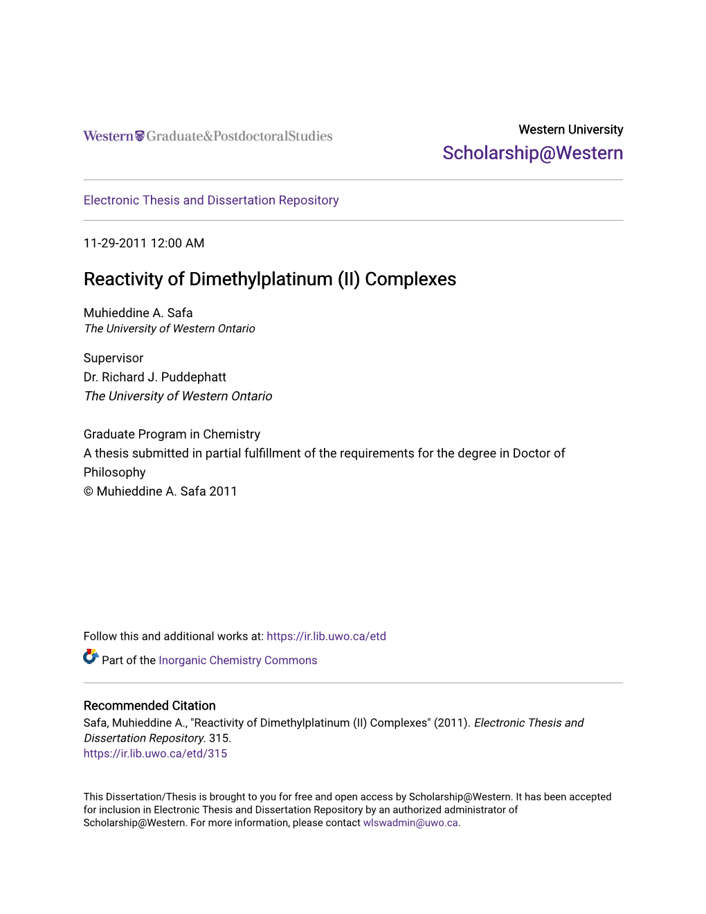 Reactivity of Dimethylplatinum (II) Complexes