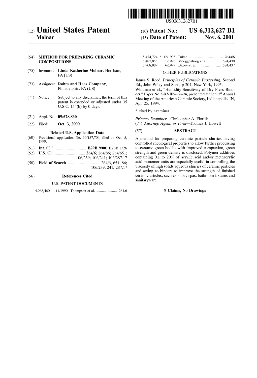 (12) United States Patent (10) Patent No.: US 6,312,627 B1 Molnar (45) Date of Patent: Nov