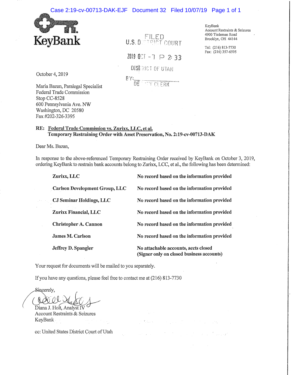 2019-10-07No032 Notice of Filing of Response to TRO by Keybank.Pdf