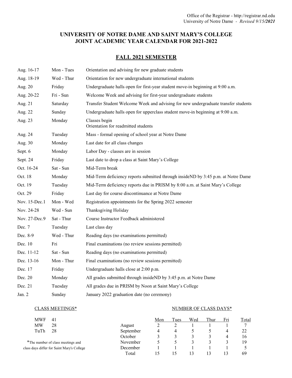 University of Notre Dame and Saint Mary's College Joint Academic Year Calendar for 2021-2022