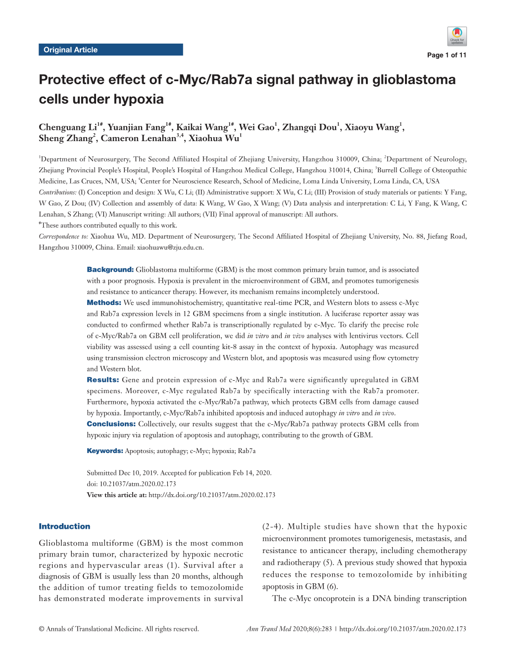 Protective Effect of C-Myc/Rab7a Signal Pathway in Glioblastoma Cells Under Hypoxia