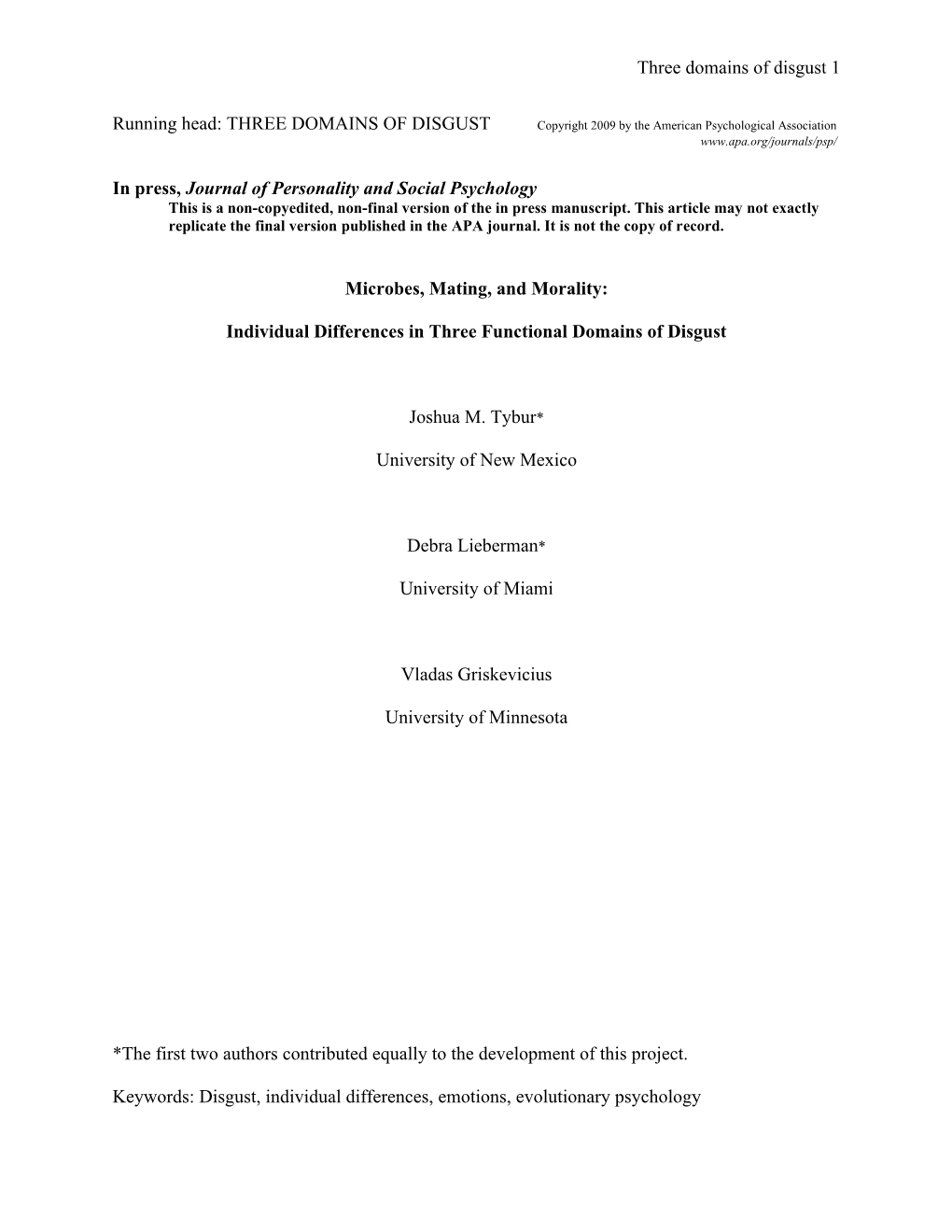 Three Domains of Disgust 1 in Press, Journal of Personality and Social