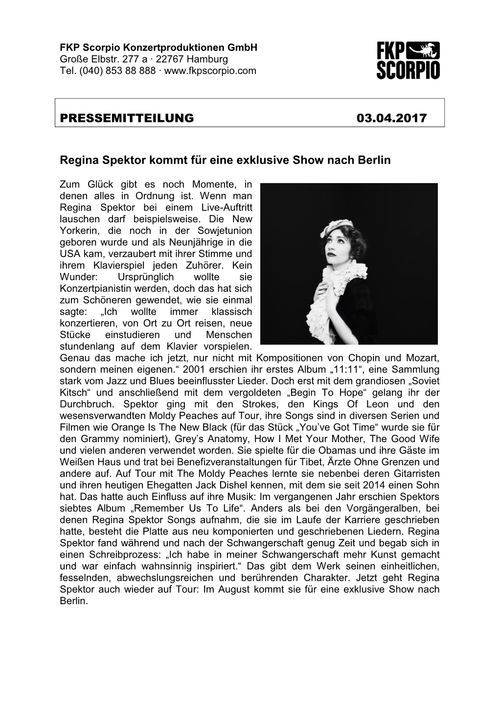 PRESSEMITTEILUNG 03.04.2017 Regina Spektor Kommt Für Eine