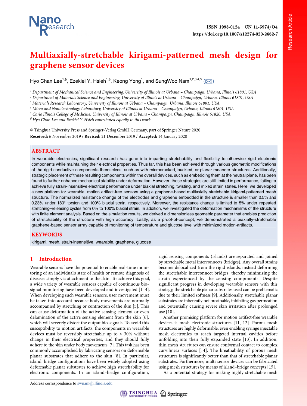 Multiaxially-Stretchable Kirigami-Patterned Mesh Design for Graphene Sensor Devices