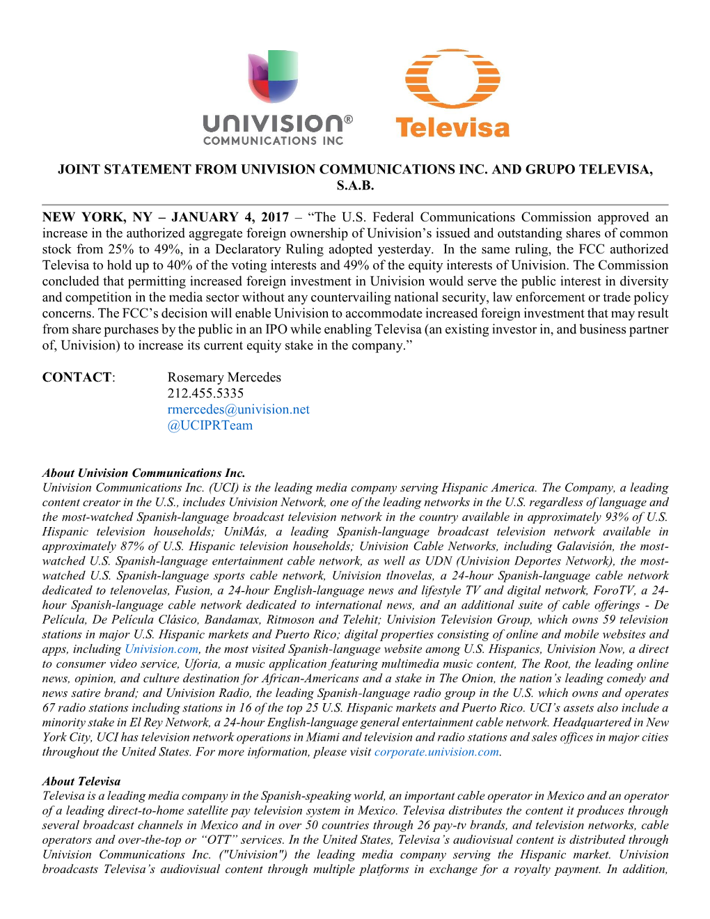 Joint Statement from Univision Communications Inc