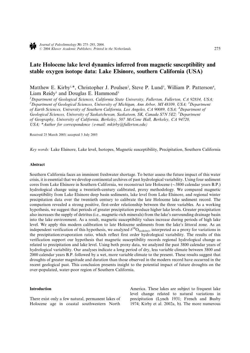 Late Holocene Lake Level Dynamics Inferred from Magnetic Susceptibility and Stable Oxygen Isotope Data: Lake Elsinore, Southern California (USA)