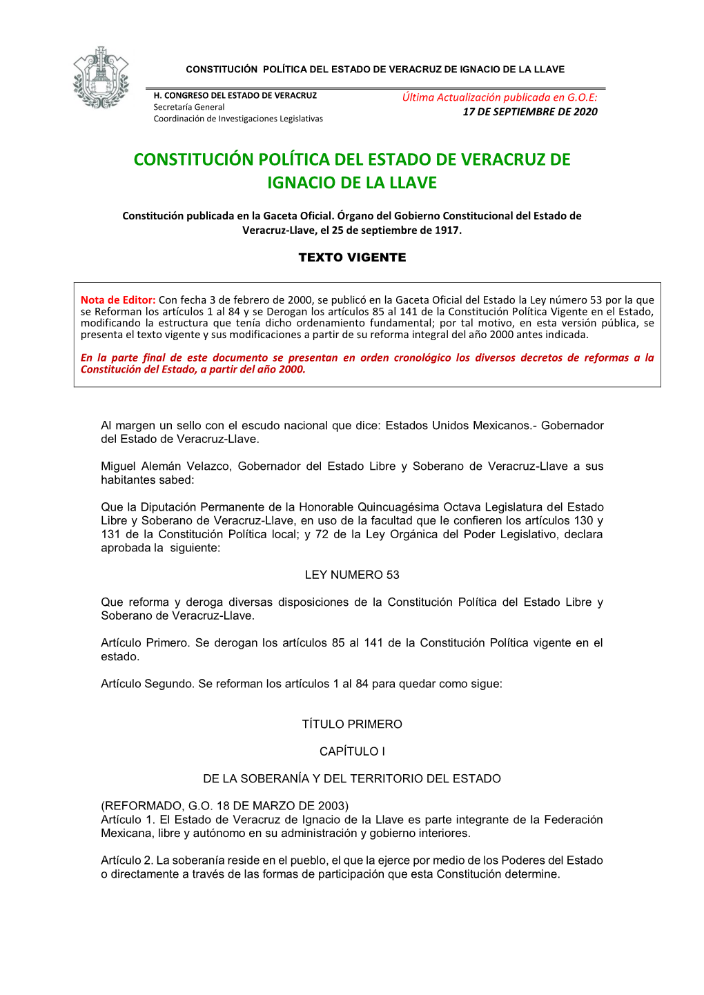 Constitución Política Del Estado De Veracruz De Ignacio De La Llave