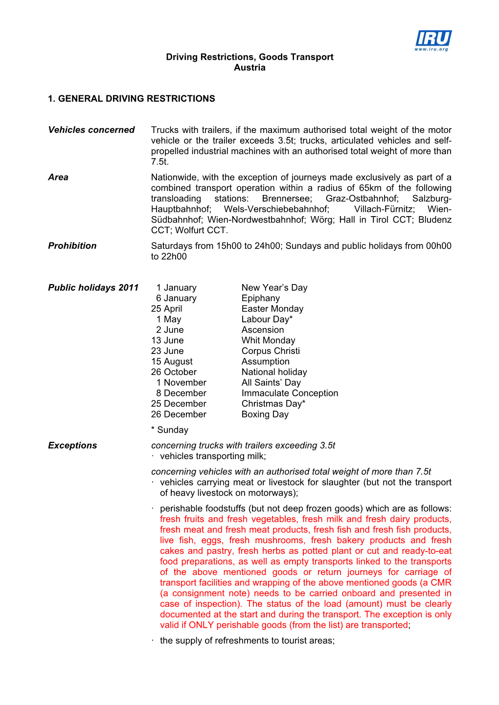 Driving Restrictions, Goods Transport Austria 1