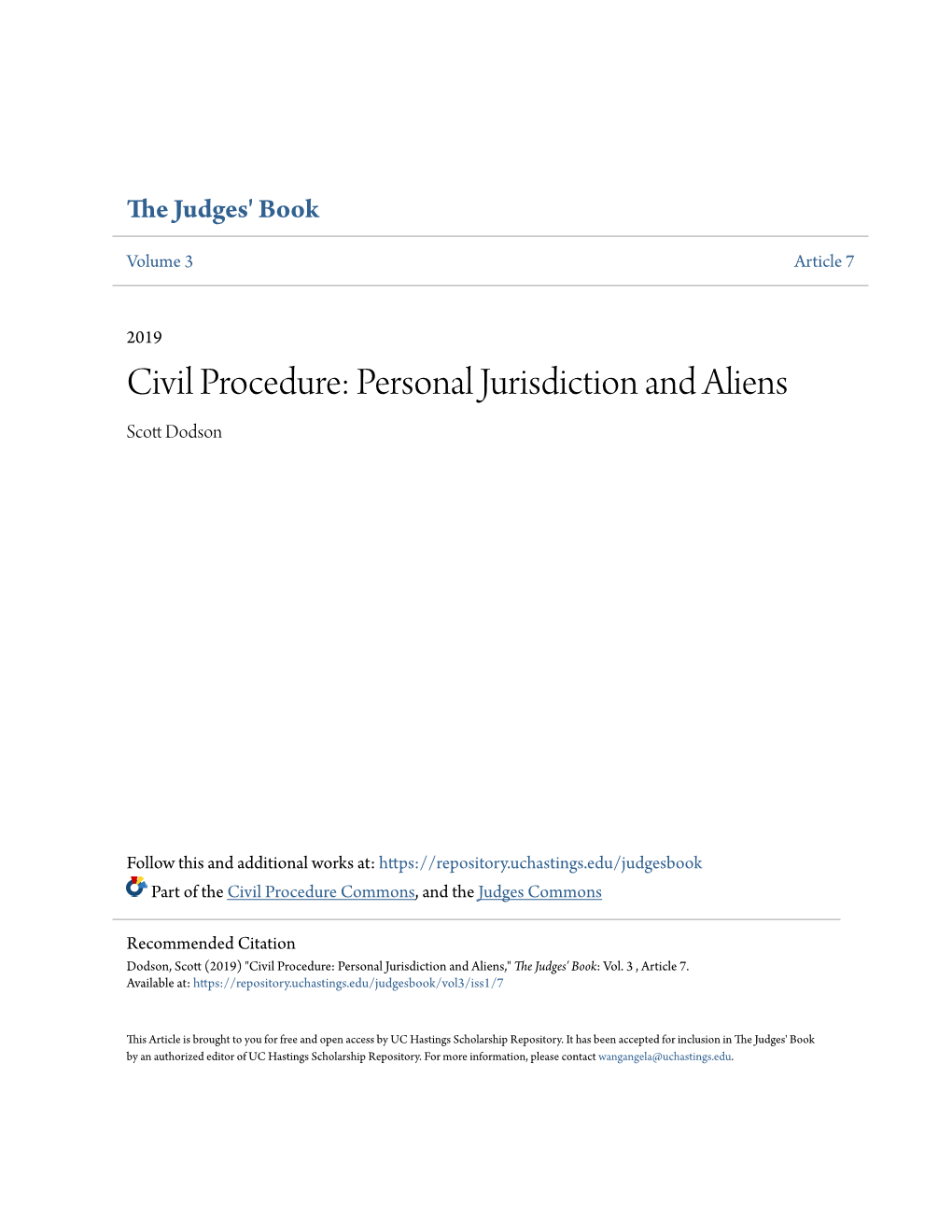 Civil Procedure: Personal Jurisdiction and Aliens Scott Od Dson