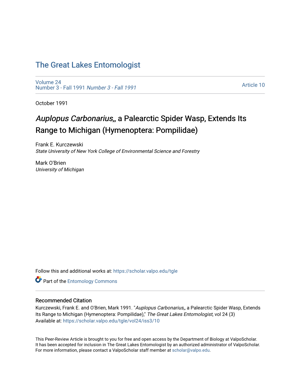 Auplopus Carbonarius,, a Palearctic Spider Wasp, Extends Its Range to Michigan (Hymenoptera: Pompilidae)