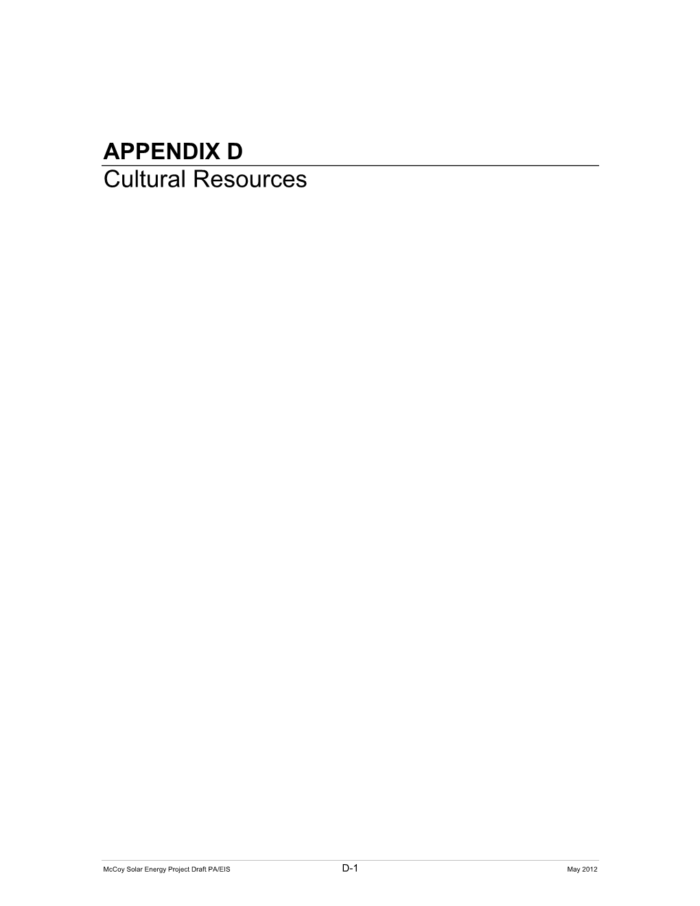 Mccoy Solar Energy Project Draft PA/EIS D-1 May 2012 Appendix D Cultural Resources