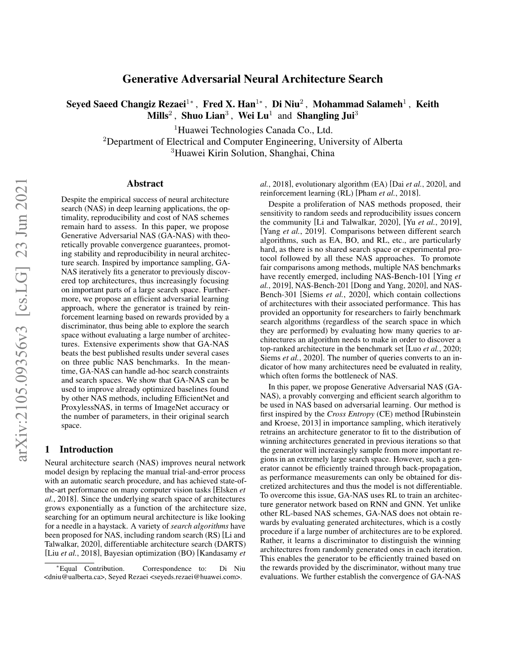 Arxiv:2105.09356V3 [Cs.LG] 23 Jun 2021 Neural Architecture Search (NAS) Improves Neural Network Gions in an Extremely Large Search Space