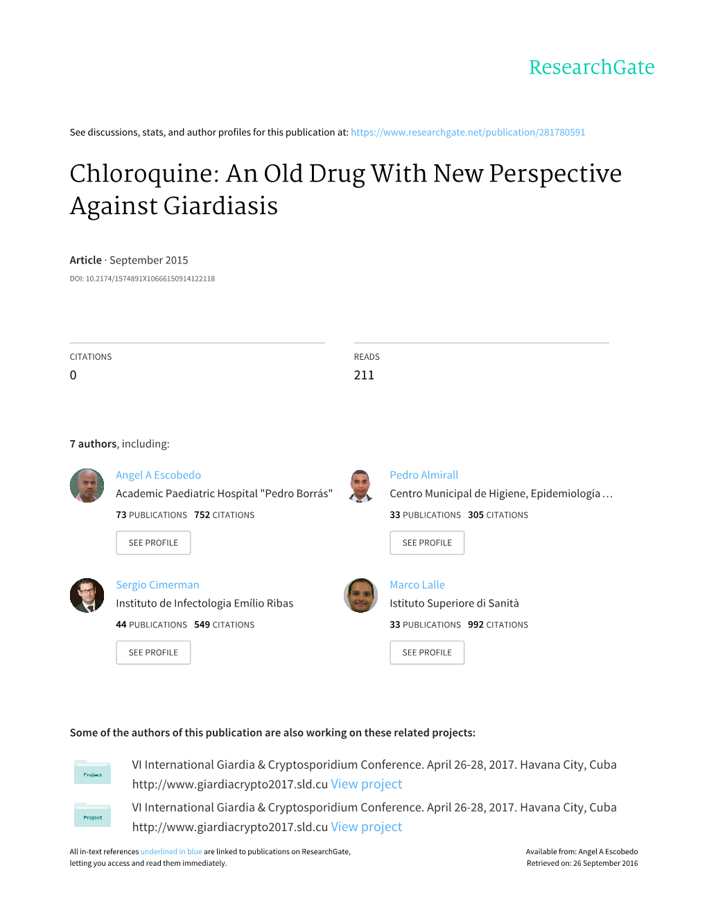 Chloroquine: an Old Drug with New Perspective Against Giardiasis