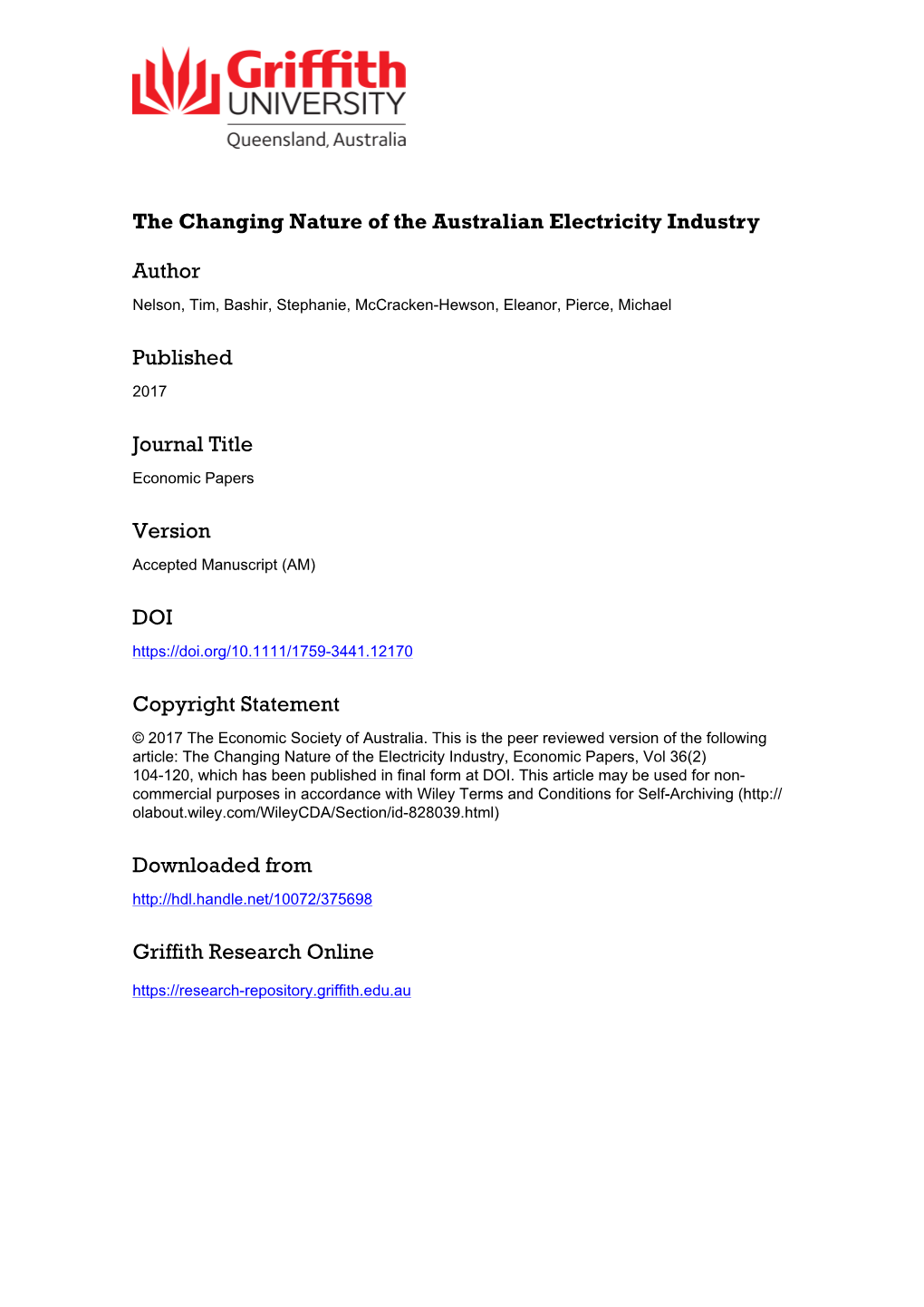 The Changing Nature of the Australian Electricity Industry