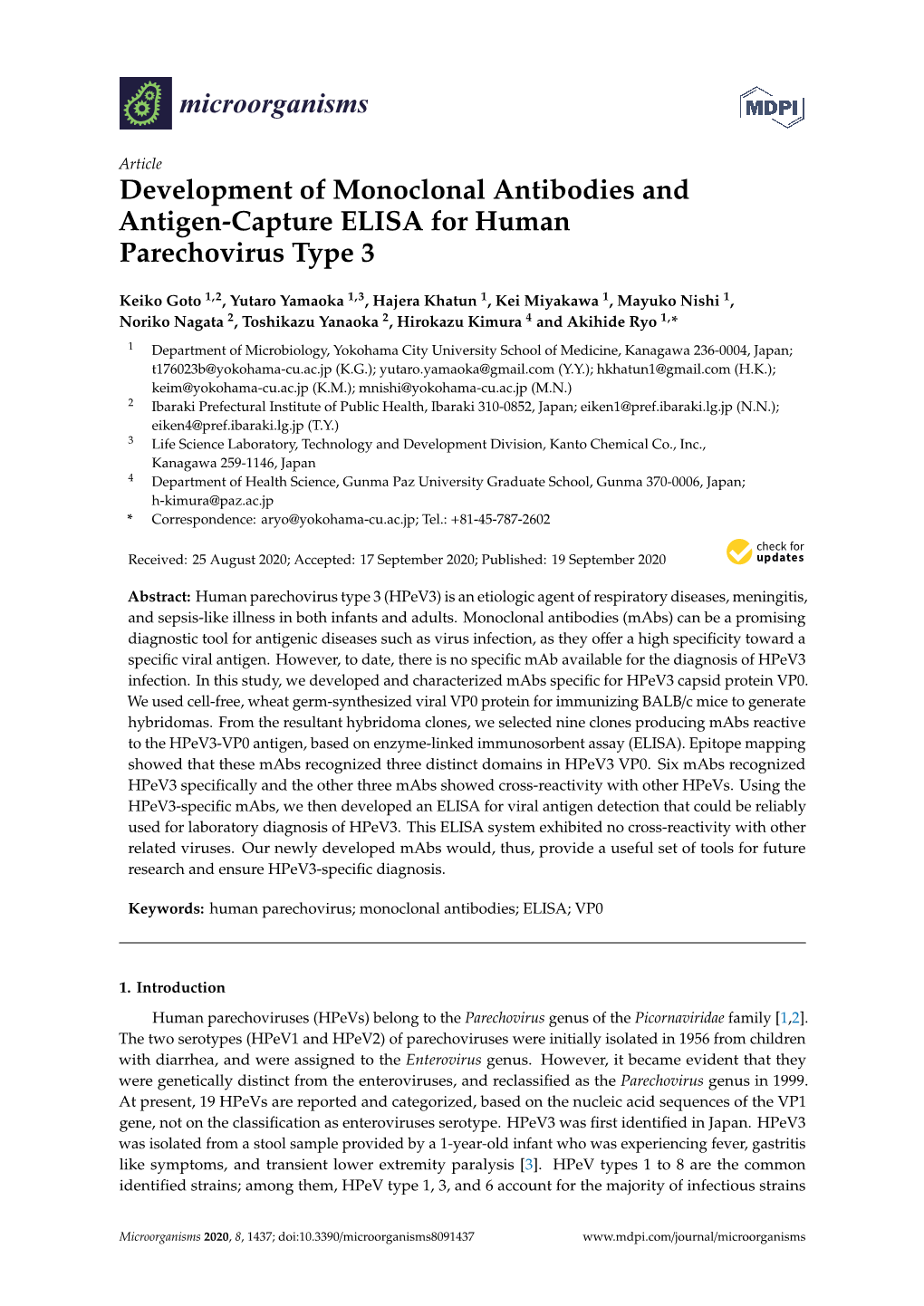 Development of Monoclonal Antibodies and Antigen-Capture ELISA for Human Parechovirus Type 3